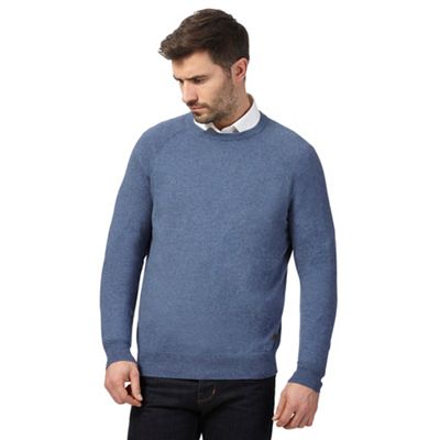 Big and tall blue crew neck jumper with wool